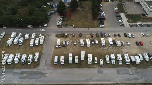 Motorhome parking in Foz, coastal village of Galicia. Aerial Drone Footage