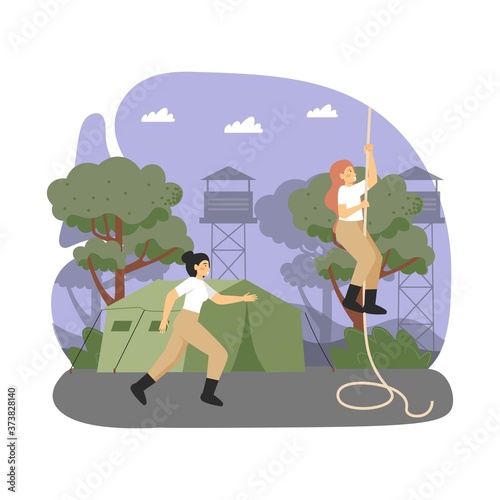 Army soldiers female characters climbing rope, running, flat vector illustration