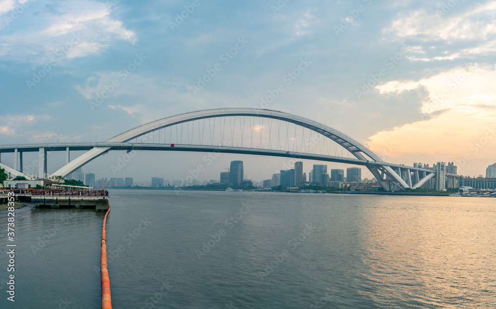 Panorama view of Lupu Bridge, in Shanghai, China.