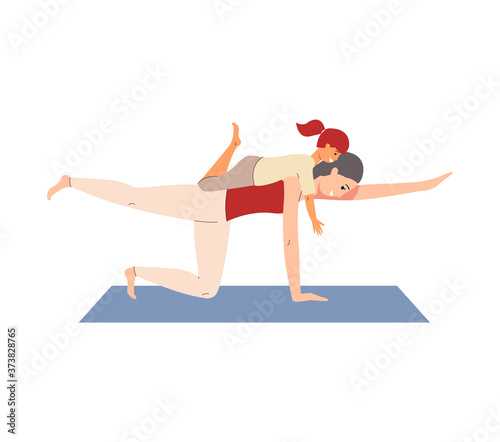 Mother and daughter doing yoga together - happy cartoon woman and child