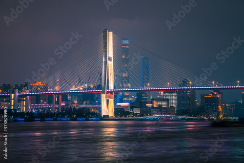 Night view of Nanpu bridge, in Shanghai, China. © Zimu