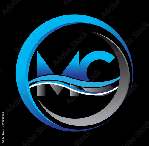 initial letter logo MC company name blue and grey color on circle and swoosh design. vector logotype for business and company identity.
