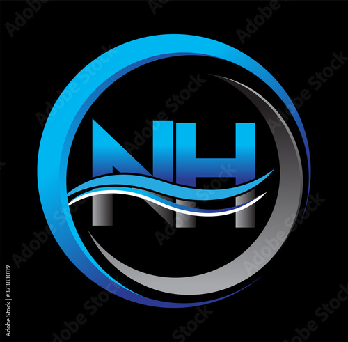 initial letter logo NH company name blue and grey color on circle and swoosh design. vector logotype for business and company identity.