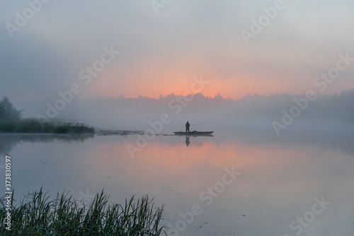 Morning, sun, fog, boat, fisherman, fishing rods, river, rest and hobby © Владимир Шарников