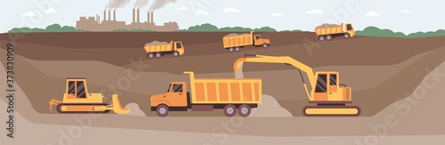 Entrance to the mining earth tunnel on quarry landscape flat vector illustration.