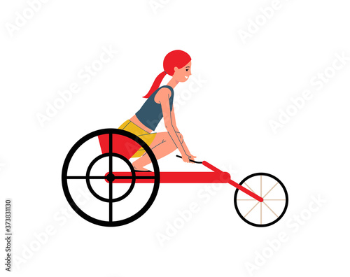 Active disabled sportswoman in wheelchair flat vector illustration isolated.