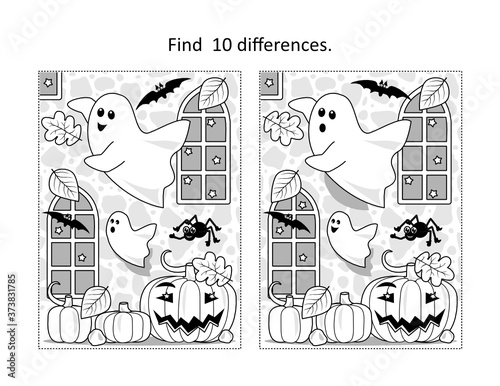 Find 10 differences visual puzzle and coloring page with Halloween ghosts playing in old castle interior
