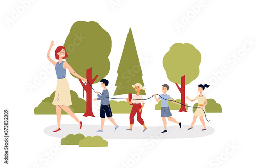 KIndergarten or elementary school on walk, flat vector illustration isolated.