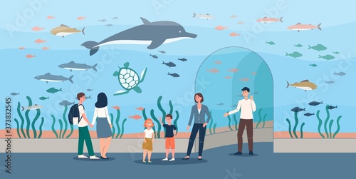 Aquarium interior with transparent walls and people flat vector illustration.