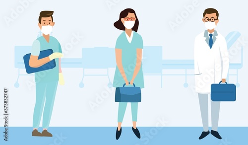 Coronavirus 2019-nCoV. Set of doctors characters in white medical face mask. Stop Coronavirus concept. Medical team doctor nurse therapist surgeon professional hospital workers, group of medics.
