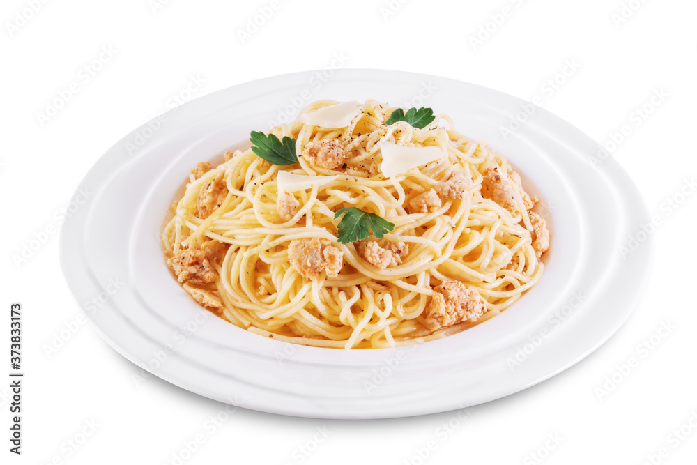 Minced turkey parsley pasta on a white isolated background