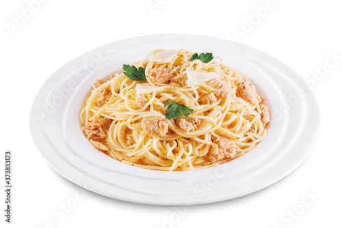 Minced turkey parsley pasta on a white isolated background