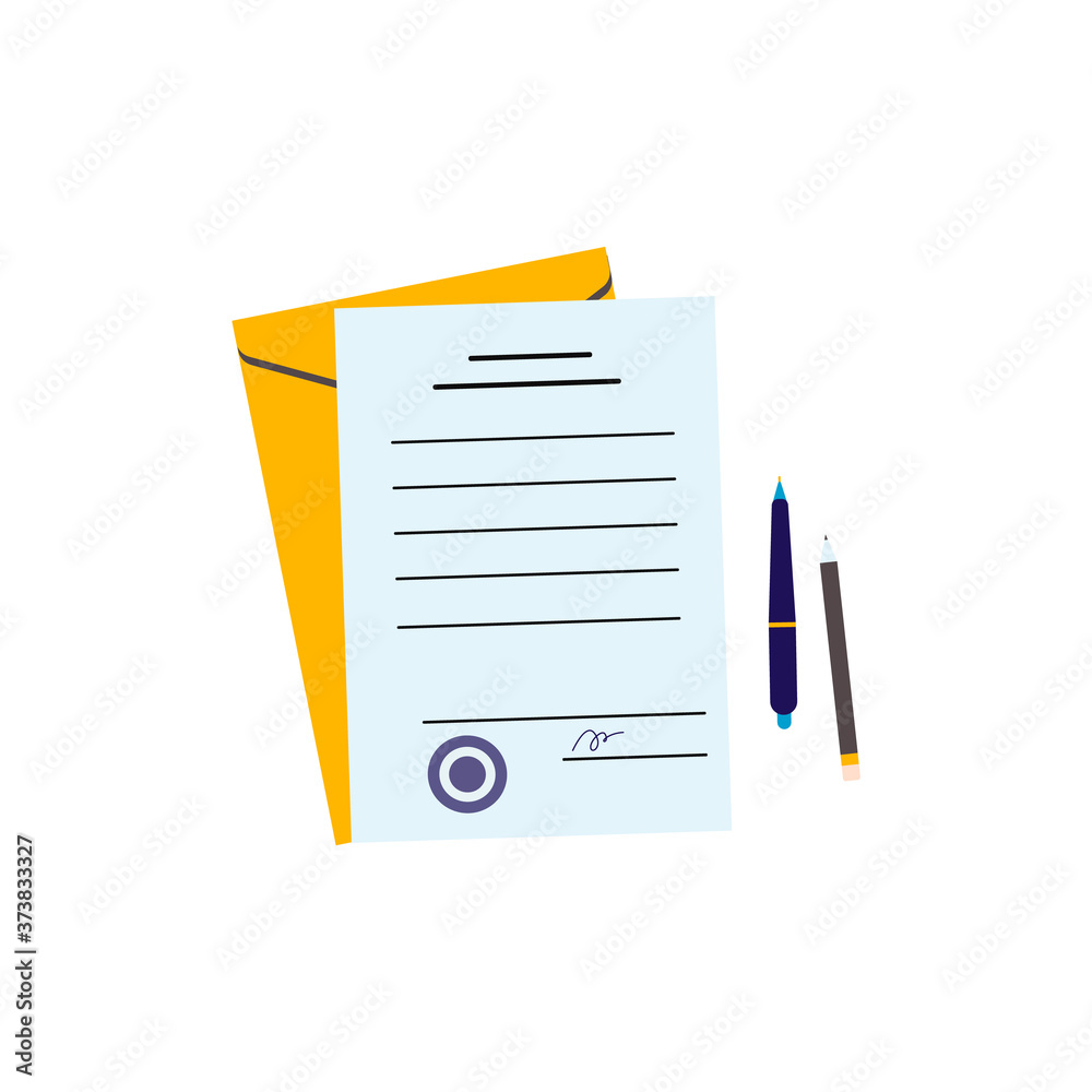 Paper document, yellow envelope and pen and paper - flat isolated illustration Paper document, yellow envelope and pen and paper - flat isolated illustration