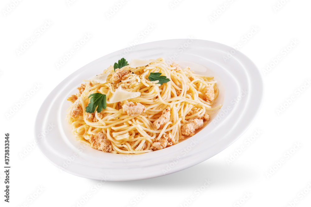 Minced turkey parsley pasta on a white isolated background