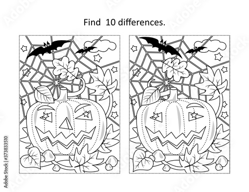 Find 10 differences visual puzzle and coloring page with Halloween pumpkin, bats, spiderweb
