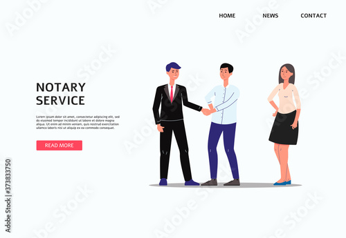 Notary service banner template with cartoon businessman shaking hands to client.