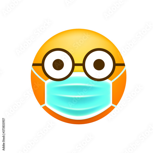 Realistic Cute Emoticon with Face Mask on White Background . Isolated Vector Illustration 