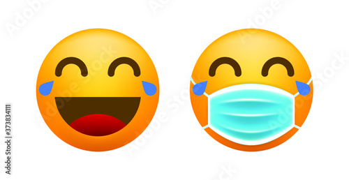 Realistic Cute Emoticon with Face Mask on White Background . Isolated Vector Illustration 