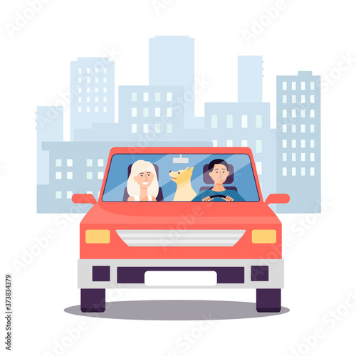 Family car trip with people characters riding flat vector illustration isolated.