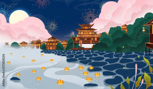 The lighted night of the old town. Creative Chinese style illustrations
