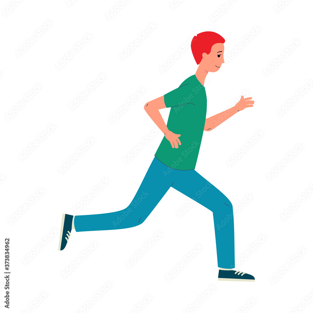 Happy cartoon man running forward seen from side view Happy cartoon man running forward seen from side view