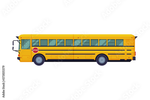Side View of Yellow School Bus, Back to School Concept, Students Transportation Vehicle Flat Style Vector Illustration on White Background