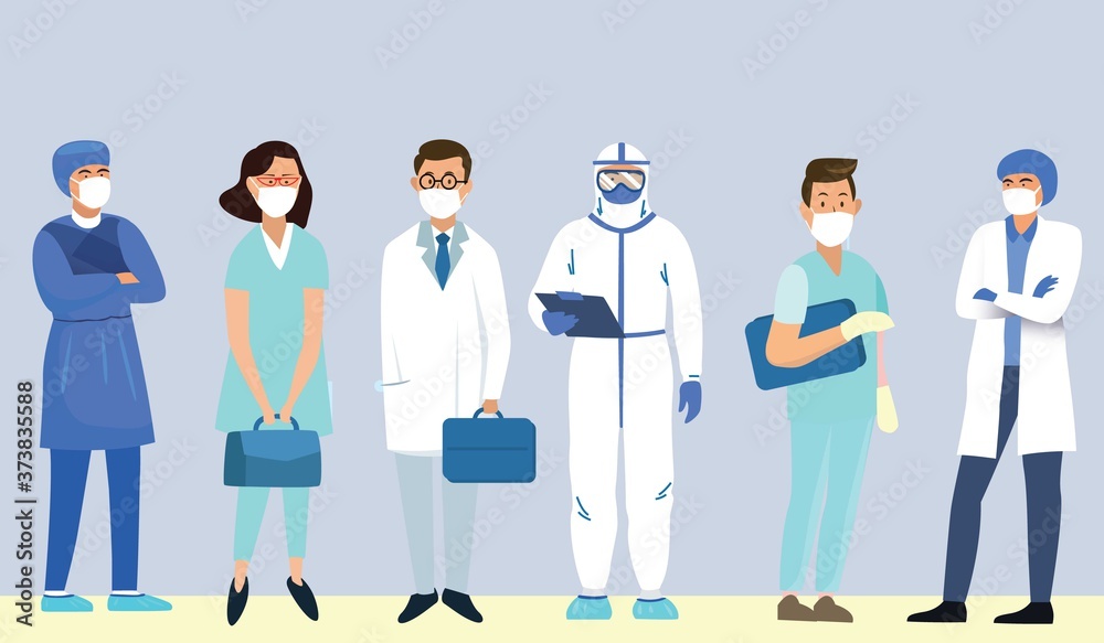 Coronavirus 2019-nCoV. Set of doctors characters in white medical face mask. Stop Coronavirus concept. Medical team doctor nurse therapist surgeon professional hospital workers, group of medics.
Coronavirus 2019-nCoV. Set of doctors characters in white medical face mask. Stop Coronavirus concept. Medical team doctor nurse therapist surgeon professional hospital workers, group of medics.