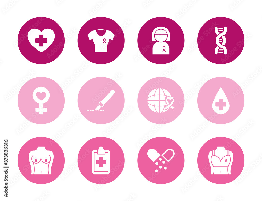 icon set of breast cancer and female gender symbol, block style icon set of breast cancer and female gender symbol, block style