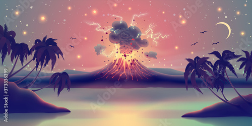 Landscape with eruption from volcano crater, glowing lava, sea, palm trees silhouette against starry evening sky. Digital vector illustration.