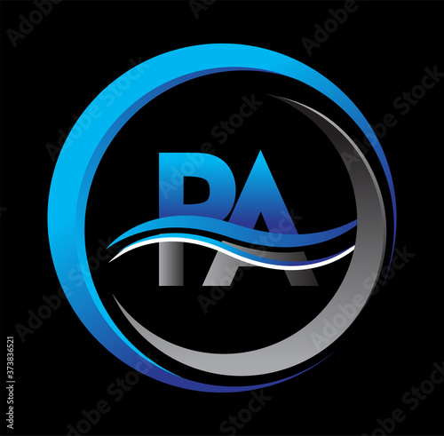 initial letter logo PA company name blue and grey color on circle and swoosh design. vector logotype for business and company identity.