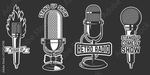 Stand up show. Set of emblems with retro microphones . Design element for logo, label, sign, poster, t shirt. Vector illustration