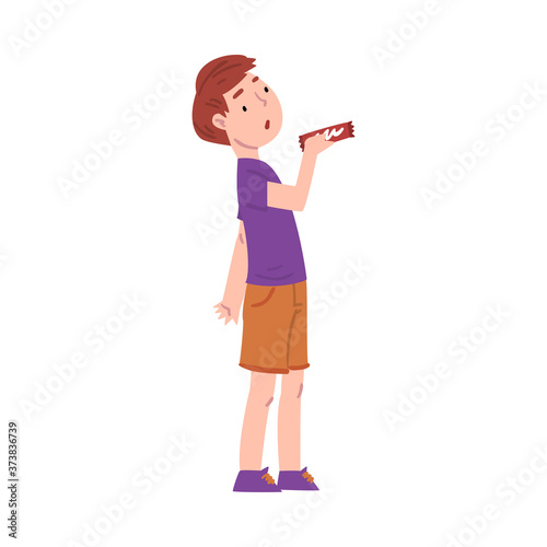 Cute Boy Holding Candy Bar, Child Buying Sweets Cartoon Style Vector Illustration on White Background