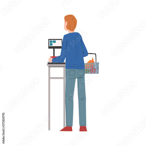 Man Weighig Products on Electronic Scales, Guy Shopping Groceries at Mall or Supermarket Cartoon Style Vector Illustration on White Background