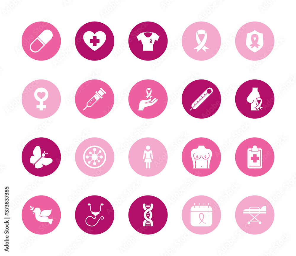 icon set of breast cancer and dove, block style icon set of breast cancer and dove, block style