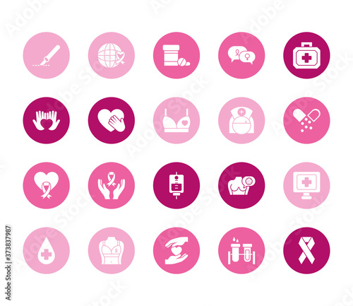 hands and breast cancer icon set, block style