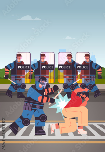 policemen in full tactical gear riot police attacking street protester during clashes demonstration protest control concept full length vertical vector illustration