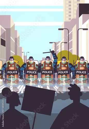 policemen in full tactical gear riot police officers controlling street protesters with placards during clashes demonstration protest riots mass concept cityscape vertical vector illustration