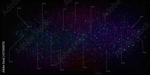 Fototapeta Naklejka Na Ścianę i Meble -  Big data visualization. Nebula of multi-colored particles with callout elements. Abstract science technology background with grid. Vector