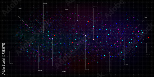 Big data visualization. Nebula of multi-colored particles with callout elements. Abstract science technology background with grid. Vector