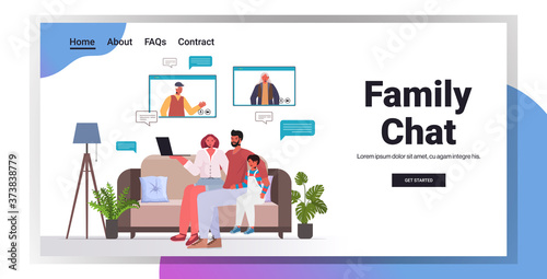 parents and child having virtual meeting with grandparents in web browser windows video call family chat communication concept living room interior horizontal vector illustration