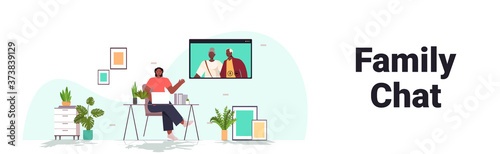 woman having virtual meeting with senior parents during video call family chat online communication concept living room interior full length horizontal vector illustration