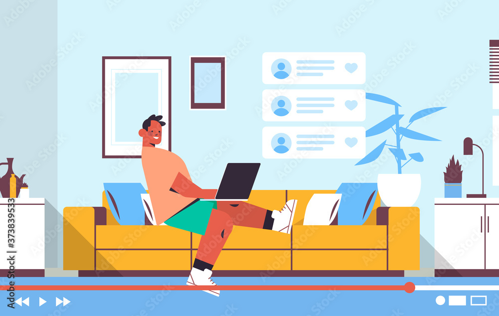 man blogger using laptop recording online video blog live streaming blogging concept living room interior horizontal full length vector illustration man blogger using laptop recording online video blog live streaming blogging concept living room interior horizontal full length vector illustration