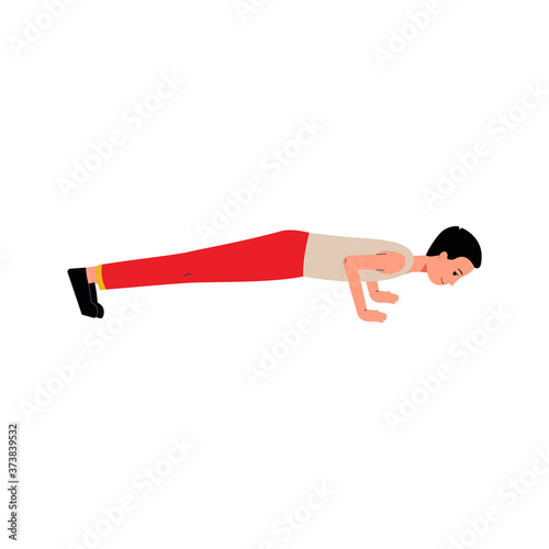 Male teenager doing push up fitness exercise isolated on white background.