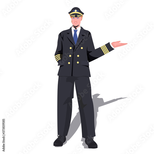 man pilot in uniform pointing hand on something aviation concept full length vector illustration