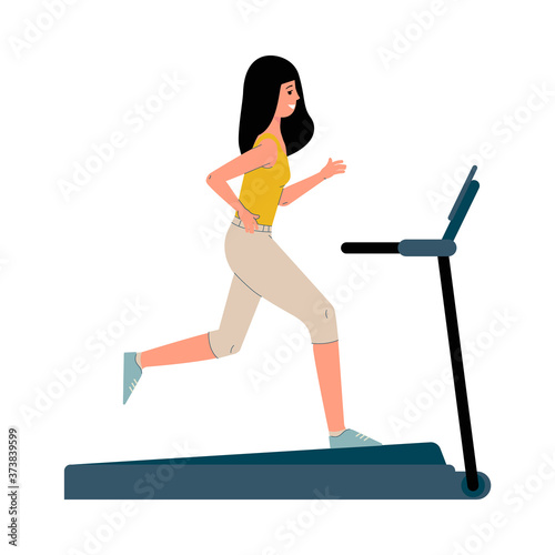 Woman cartoon character running on treadmill flat vector illustration isolated.