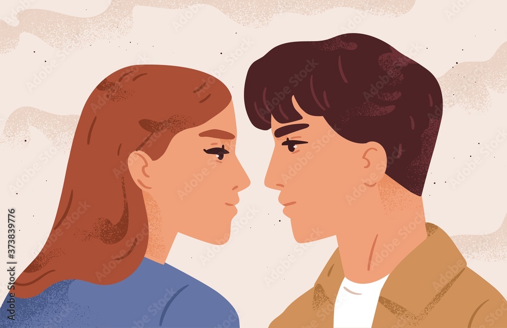 Portrait of couple looking to each other having fondness vector flat illustration. Face profile of enamored man and woman before kiss. Romantic scene of pair. Concept of feeling, love and tenderness