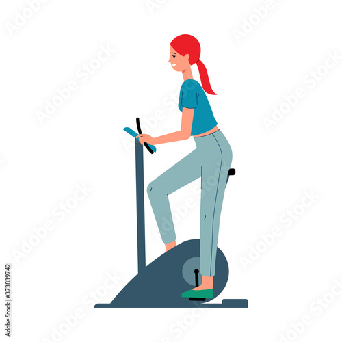 Vector illustration of a sports girl training on an exercise bike.