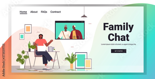 woman having virtual meeting with senior parents during video call family chat online communication concept living room interior full length horizontal copy space vector illustration
