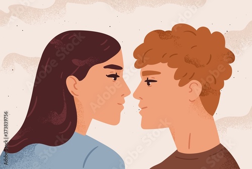 Man and woman in passion before first kiss vector flat illustration. Couple looking to each other with love and tenderness. Romantic scene of people dating. Love story or Valentines day concept