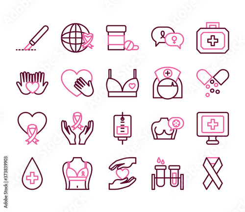 hands and breast cancer icon set, half color half line style